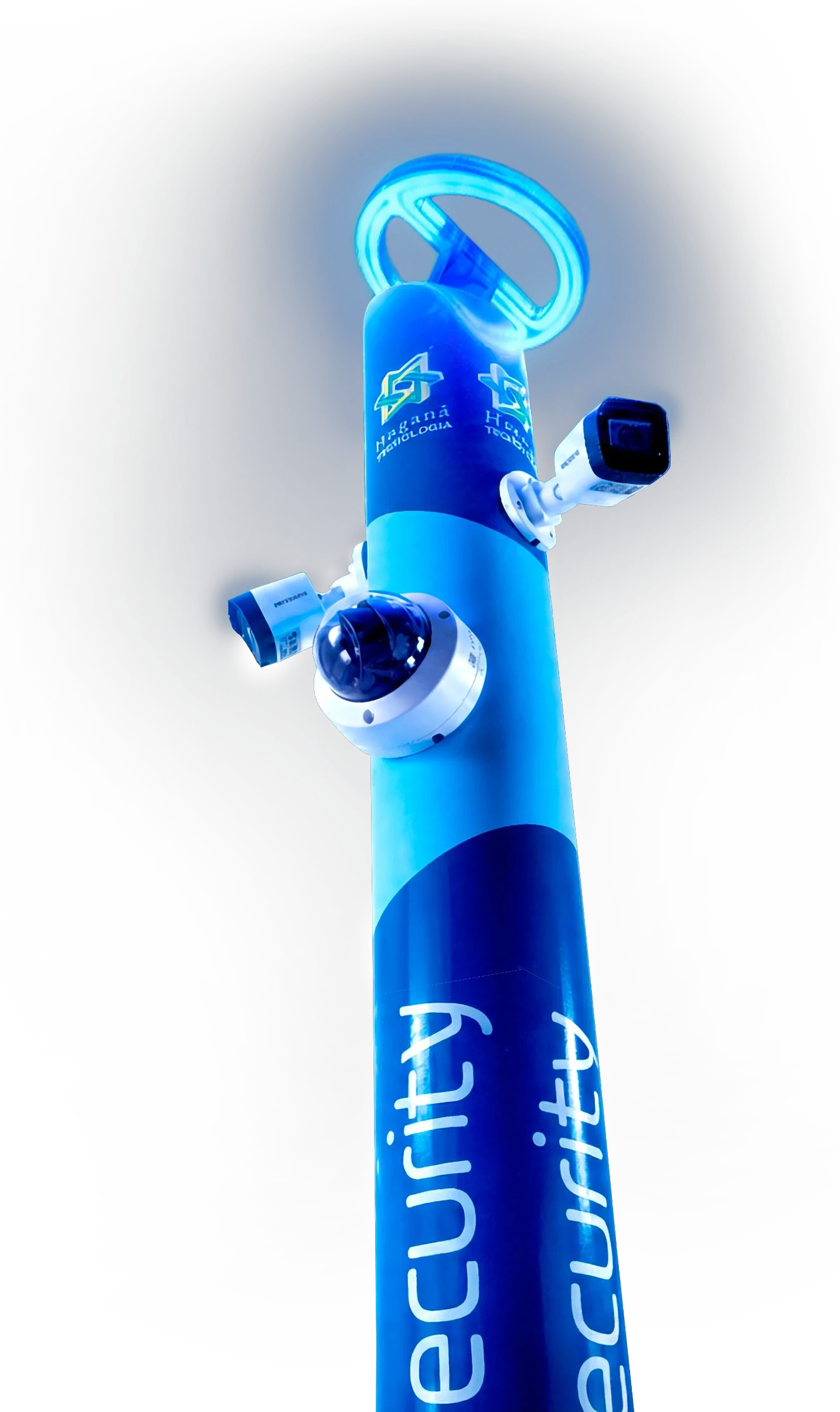 Totem CoSecurity com três câmeras e iluminação de LED azul, render oficial da apresentação comercial